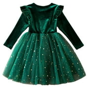 Toddler Girls Star Sequins Mesh Princess Dress Velvet Christmas Performance Dress For Age 2-7 Years Old Green